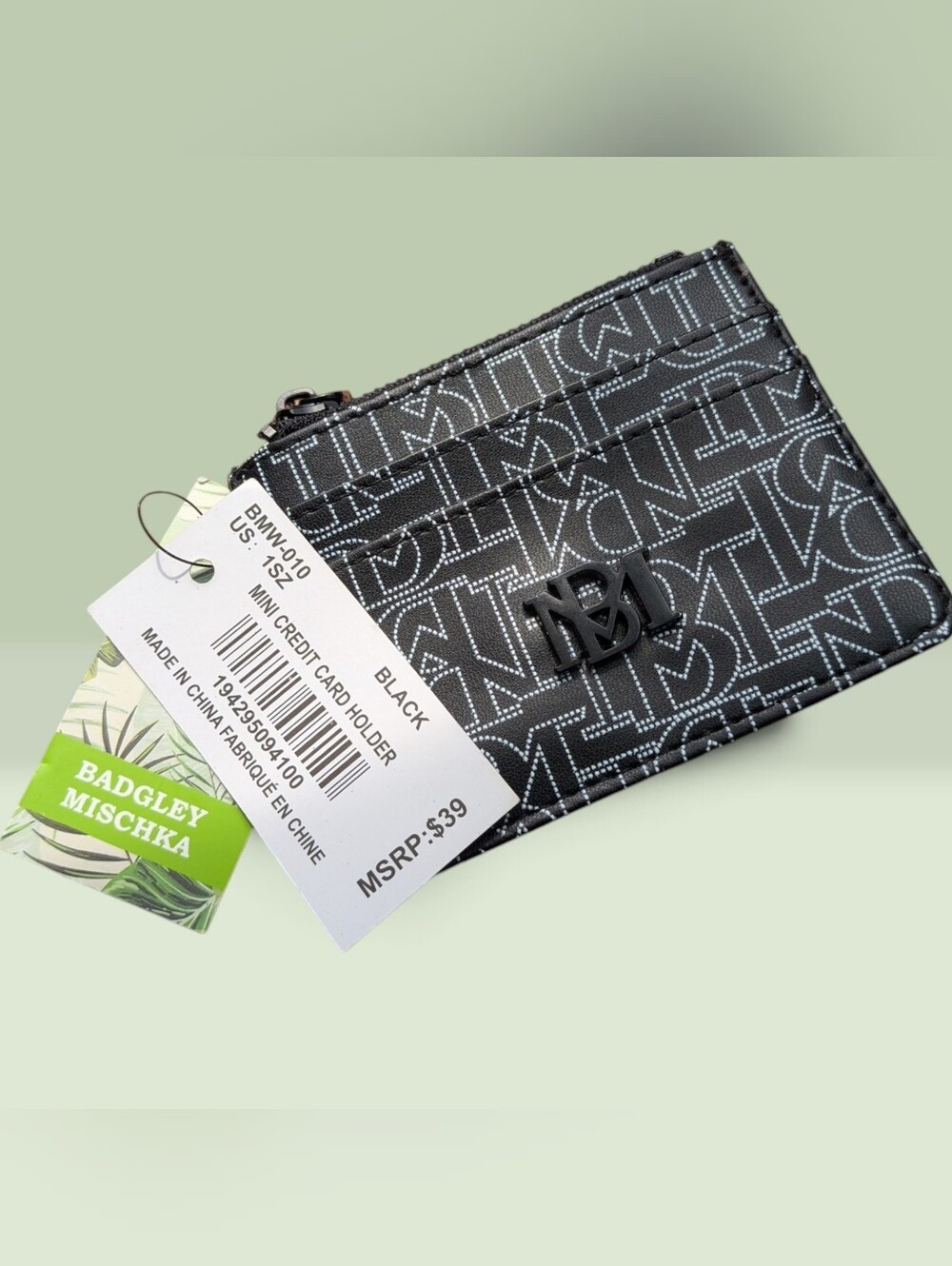 Badgley Mischka Black Logo Zip Card Holder NWT VEGAN LEATHER